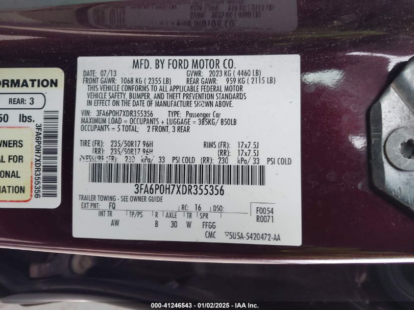 VIN 3FA6P0H7XDR355356 2013 Ford Fusion, SE no.9