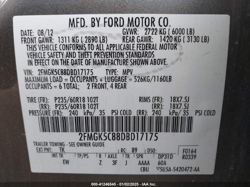 VIN 2FMGK5C88DBD17175 2013 Ford Flex, Sel no.9