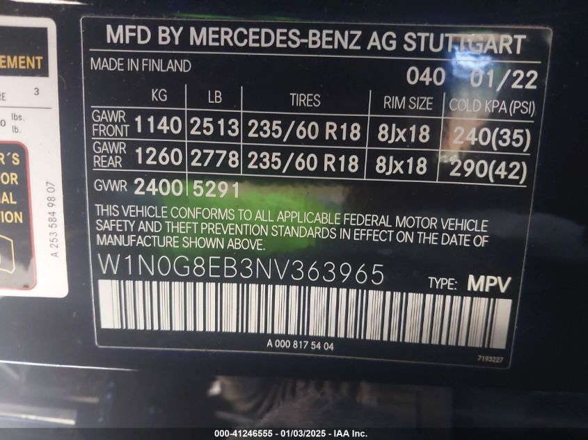 2022 Mercedes-Benz Glc 300 4Matic Suv VIN: W1N0G8EB3NV363965 Lot: 41246555