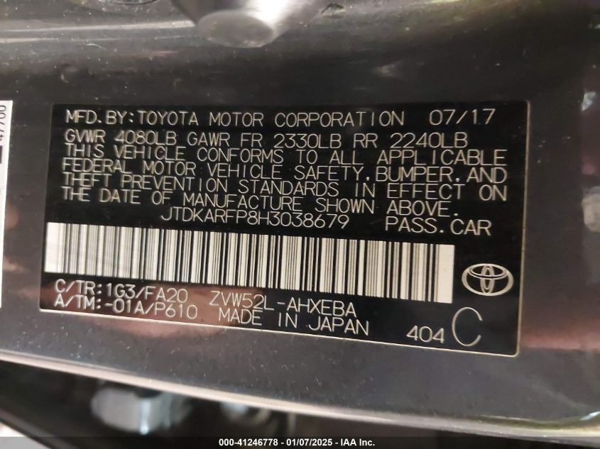 VIN JTDKARFP8H3038679 2017 Toyota Prius, Prime Plus no.9