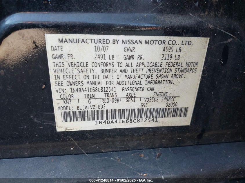 2008 NISSAN MAXIMA VIN: 1N4BA41E68C812541