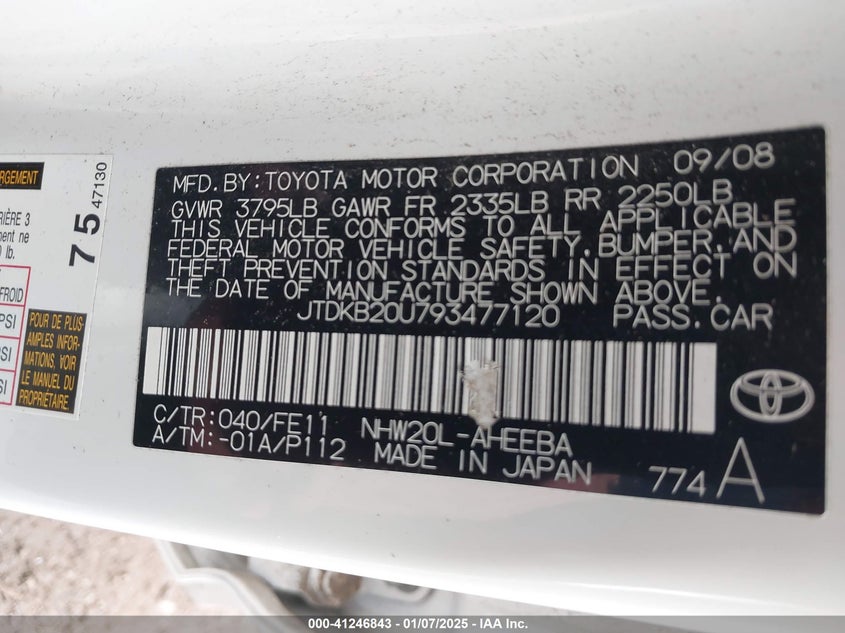 2009 TOYOTA PRIUS VIN: JTDKB20U793477120