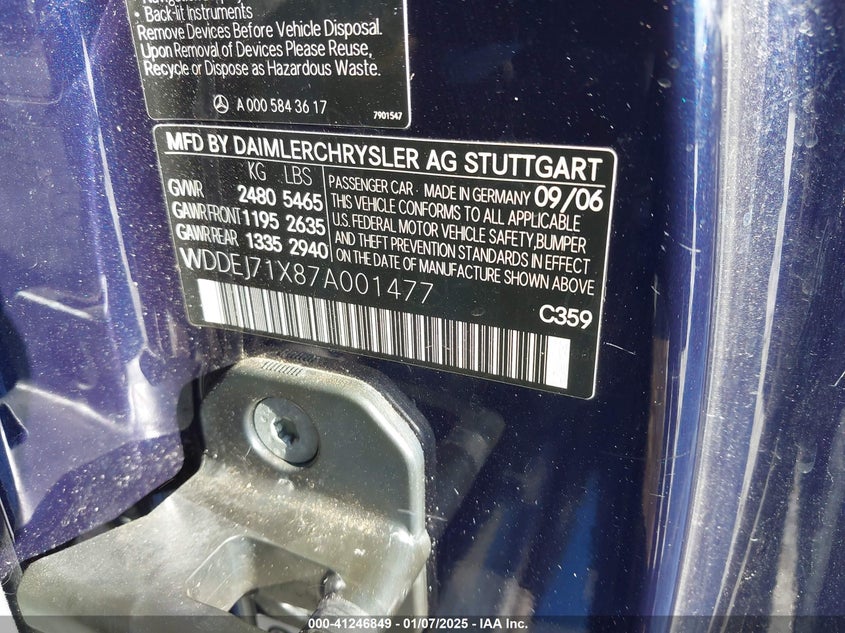 2007 Mercedes-Benz Cl 550 VIN: WDDEJ71X87A001477 Lot: 41246849