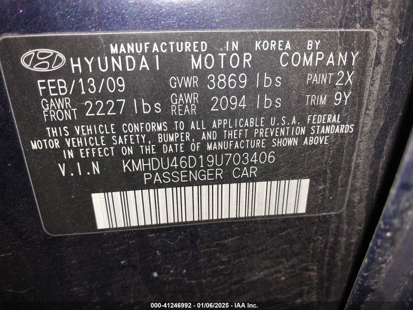2009 HYUNDAI ELANTRA VIN: KMHDU46D19U703406