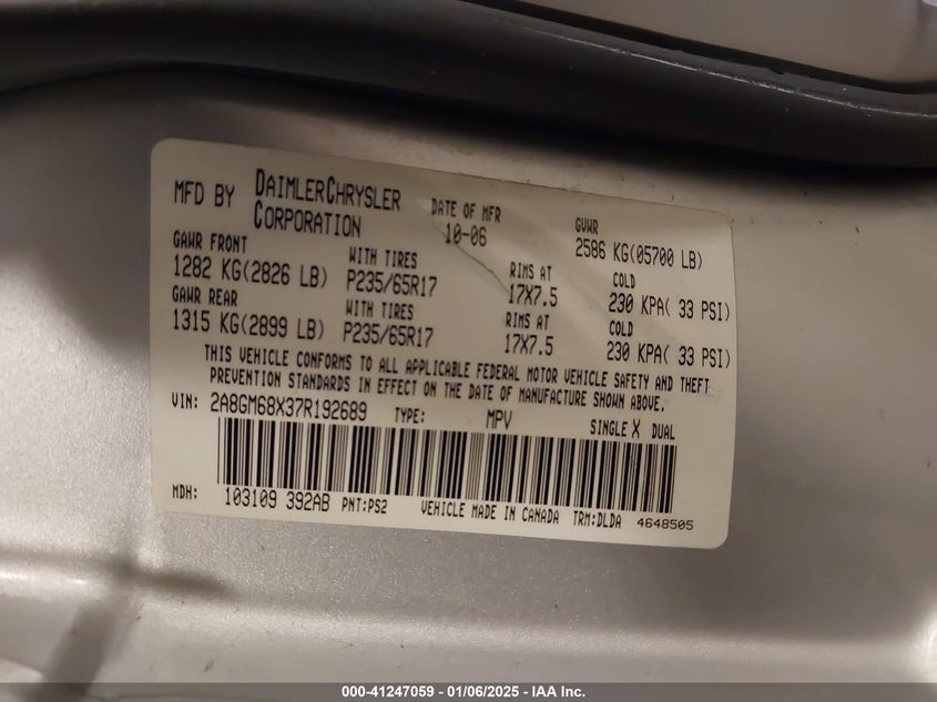 2007 CHRYSLER PACIFICA VIN: 2A8GM68X37R192689