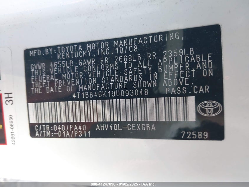 2009 TOYOTA CAMRY HYBRID VIN: 4T1BB46K19U093048