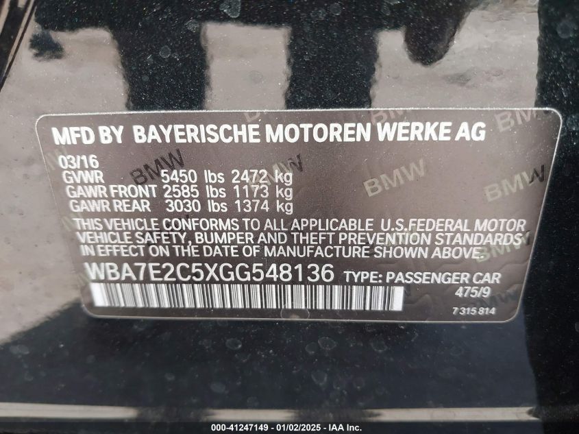 VIN WBA7E2C5XGG548136 2016 BMW 7 Series, 740I no.9