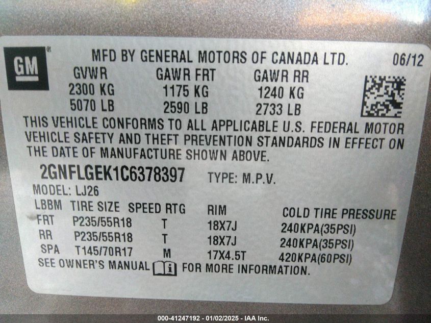 2012 Chevrolet Equinox Ltz VIN: 2GNFLGEK1C6378397 Lot: 41247192