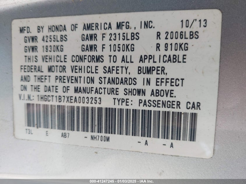 2014 HONDA ACCORD VIN: 1HGCT1B7XEA003253