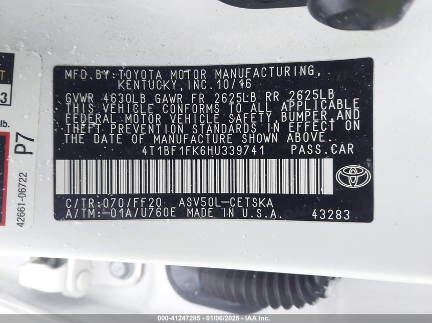 2017 TOYOTA CAMRY VIN: 4T1BF1FK6HU339741