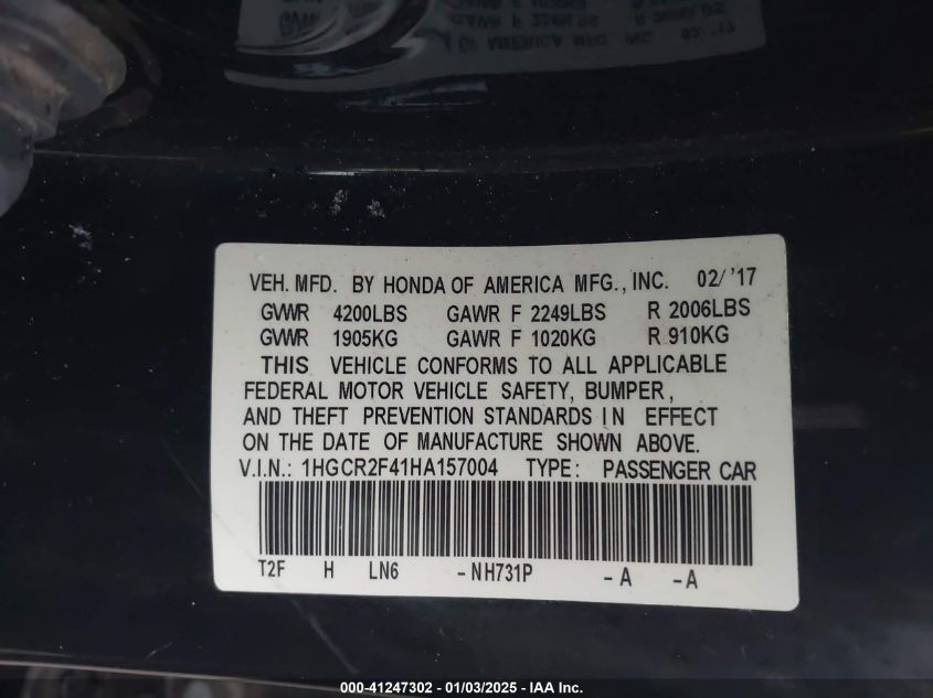 VIN 1HGCR2F41HA157004 2017 Honda Accord, LX no.9