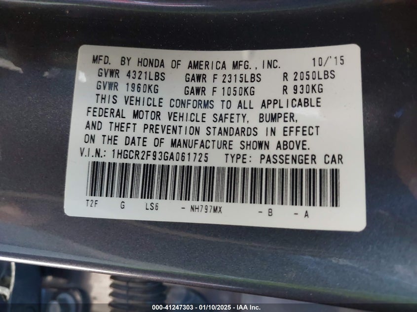 2016 HONDA ACCORD VIN: 1HGCR2F93GA061725