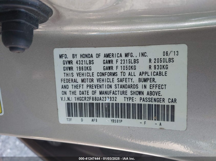 2013 HONDA ACCORD VIN: 1HGCR2F88DA237932
