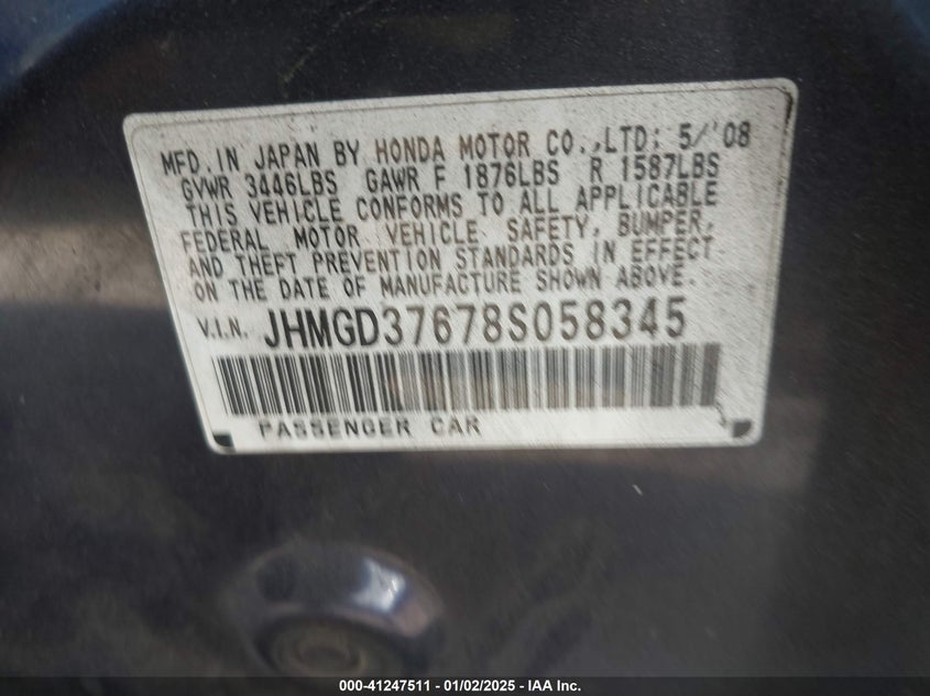 2008 HONDA FIT VIN: JHMGD37678S058345