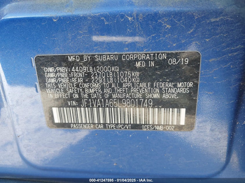 2020 SUBARU WRX VIN: JF1VA1A65L9801749