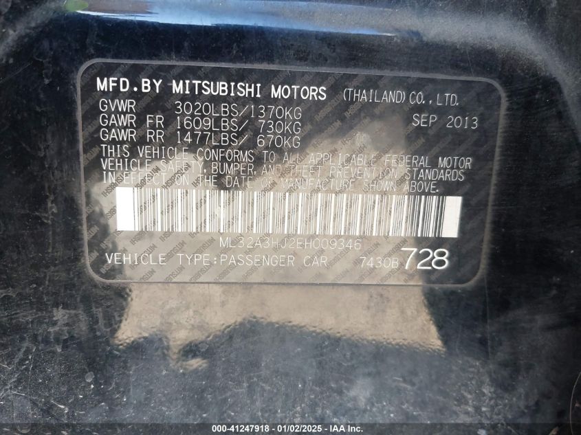 VIN ML32A3HJ2EH009346 2014 MITSUBISHI MIRAGE no.9