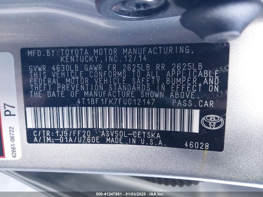 VIN 4T1BF1FK7FU012147 2015 Toyota Camry, SE no.9