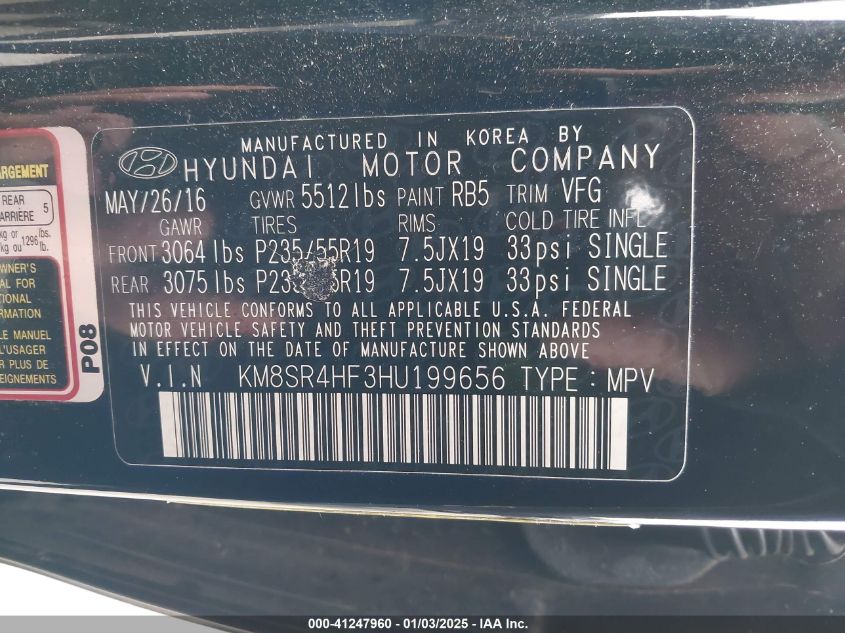 VIN KM8SR4HF3HU199656 2017 Hyundai Santa Fe, Se Ult... no.9