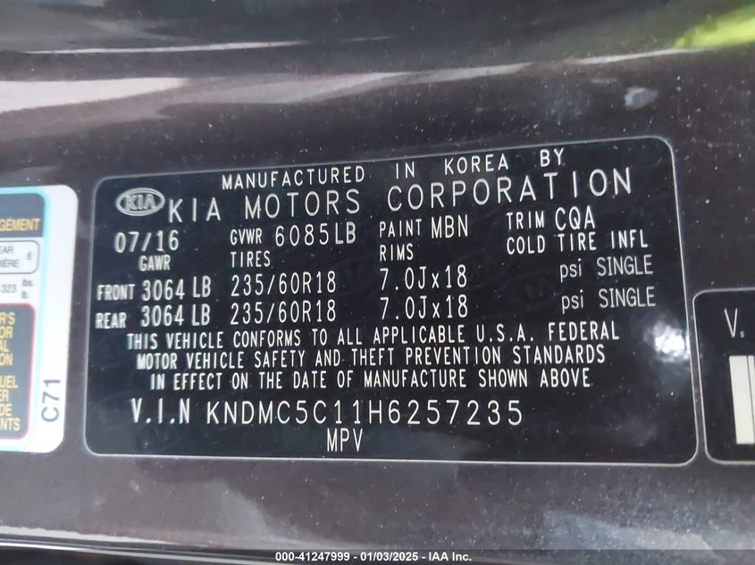 2017 Kia Sedona Ex VIN: KNDMC5C11H6257235 Lot: 41247999