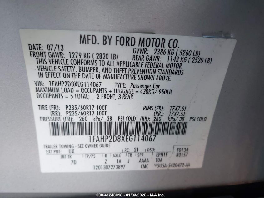 2014 Ford Taurus Se VIN: 1FAHP2D8XEG114067 Lot: 41248018