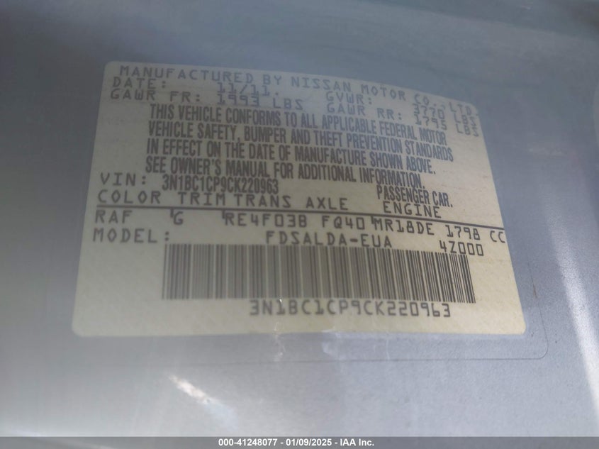 2012 NISSAN VERSA VIN: 3N1BC1CP9CK220963