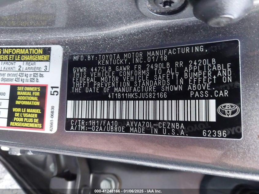 2018 TOYOTA CAMRY VIN: 4T1B11HK5JU582166