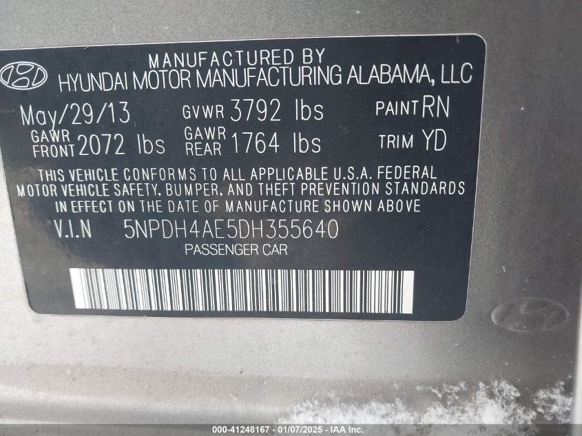 VIN 5NPDH4AE5DH355640 2013 HYUNDAI ELANTRA no.9