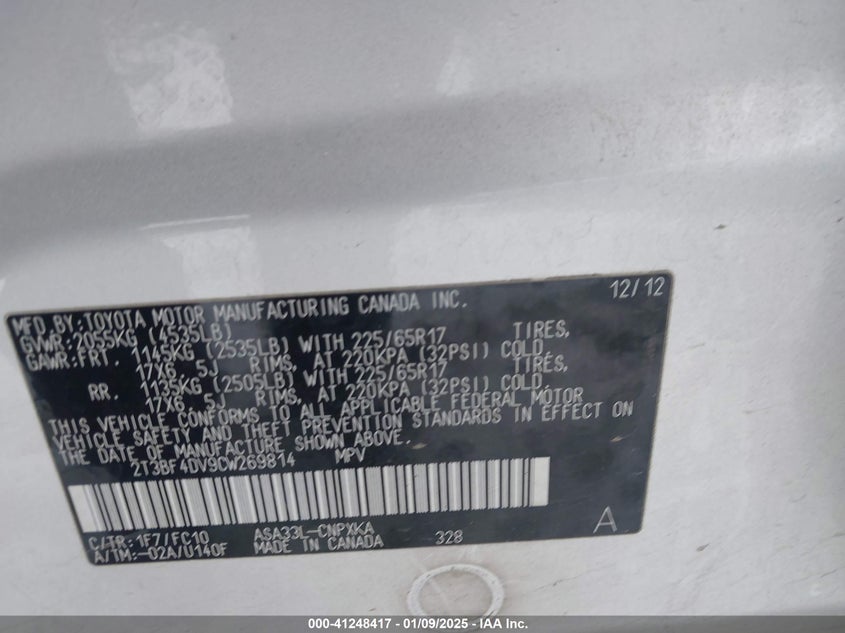 2012 TOYOTA RAV4 VIN: 2T3BF4DV9CW269814
