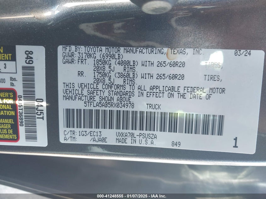 2024 TOYOTA TUNDRA VIN: 5TFLA5AB5RX034978