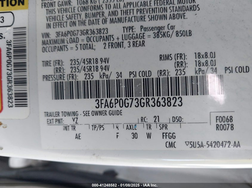 2016 FORD FUSION VIN: 3FA6P0G73GR363823