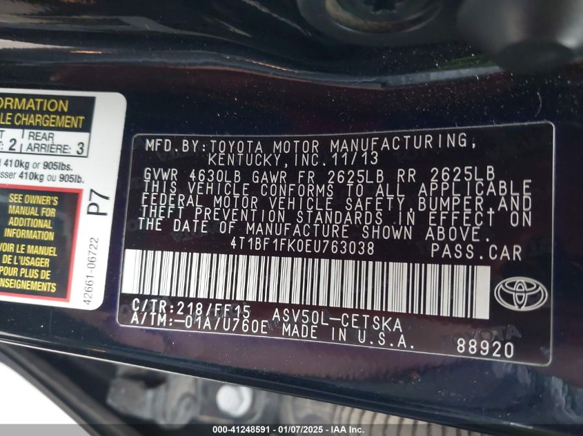 VIN 4T1BF1FK0EU763038 2014 TOYOTA CAMRY no.9