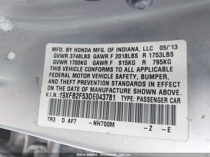 2013 HONDA CIVIC VIN: 19XFB2F53DE043781