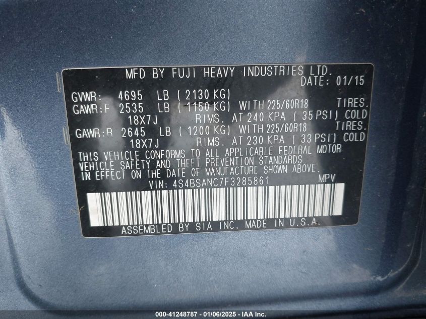 VIN 4S4BSANC7F3285861 2015 Subaru Outback, 2.5I Lim... no.9