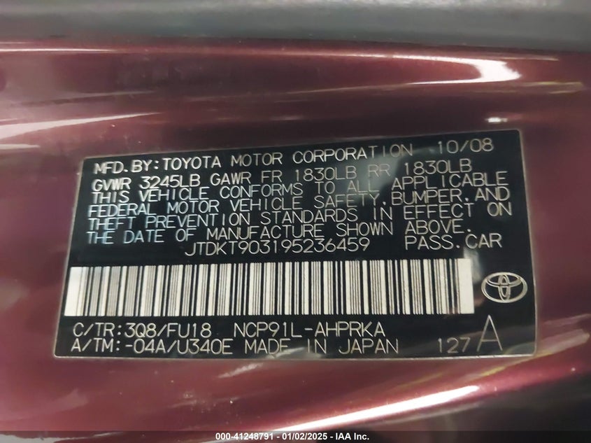 2009 TOYOTA YARIS VIN: JTDKT903195236459