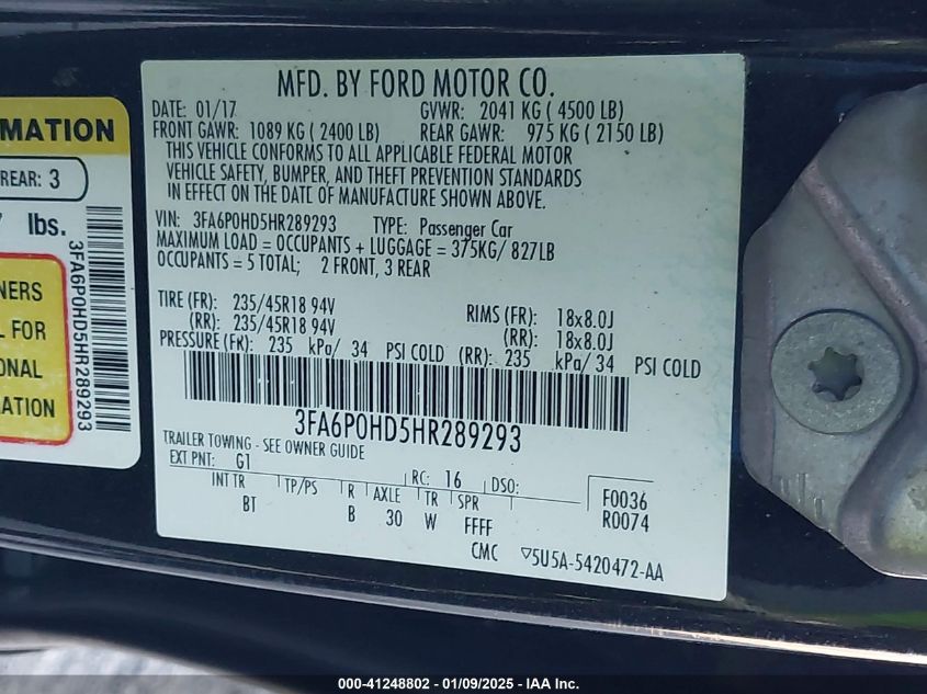 VIN 3FA6P0HD5HR289293 2017 Ford Fusion, SE no.9