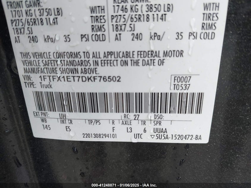 2013 FORD F150 VIN: 1FTFX1ET7DKF76502