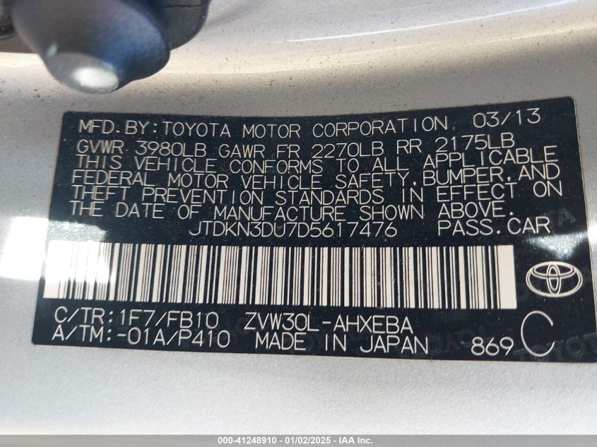 VIN JTDKN3DU7D5617476 2013 TOYOTA PRIUS no.9