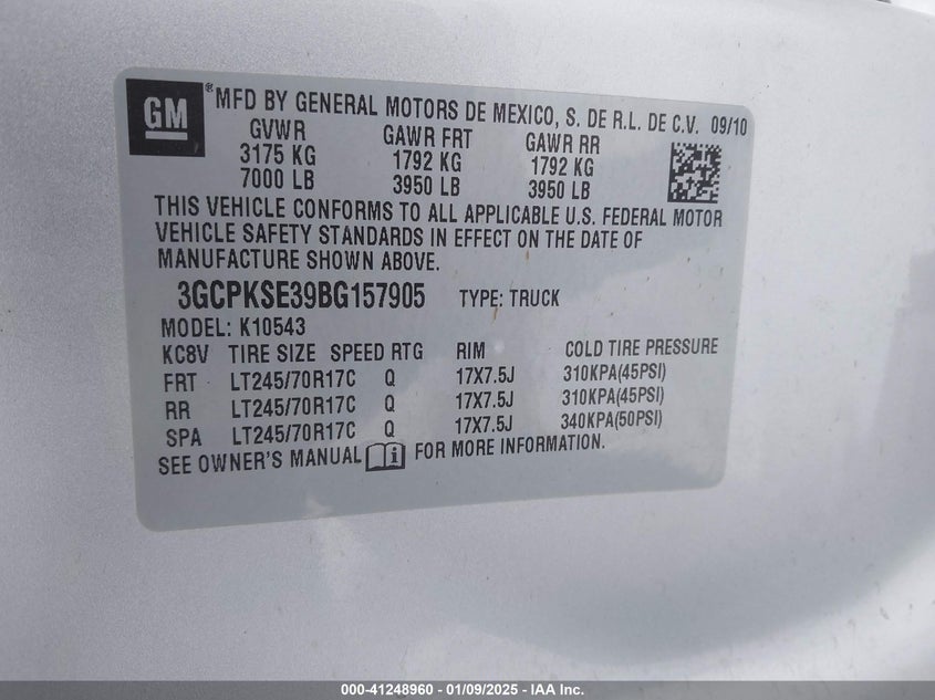 2011 CHEVROLET SILVERADO 1500 VIN: 3GCPKSE39BG157905