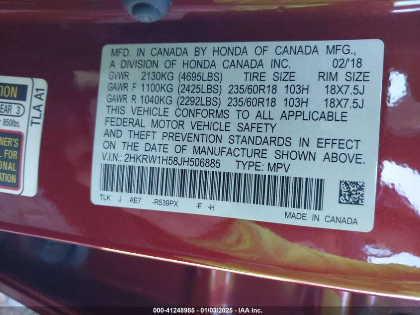 2018 HONDA CR-V EX - 2HKRW1H58JH506885