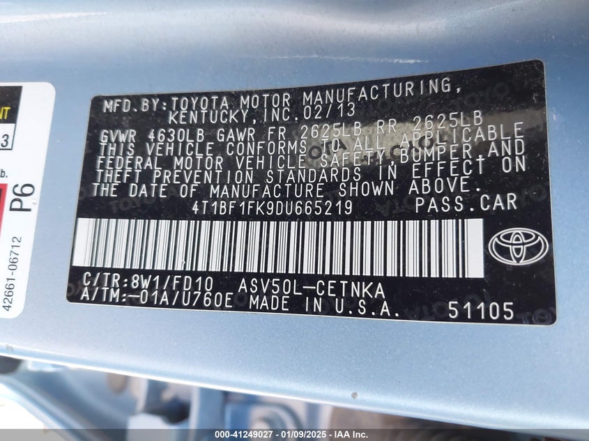 2013 TOYOTA CAMRY VIN: 4T1BF1FK9DU665219