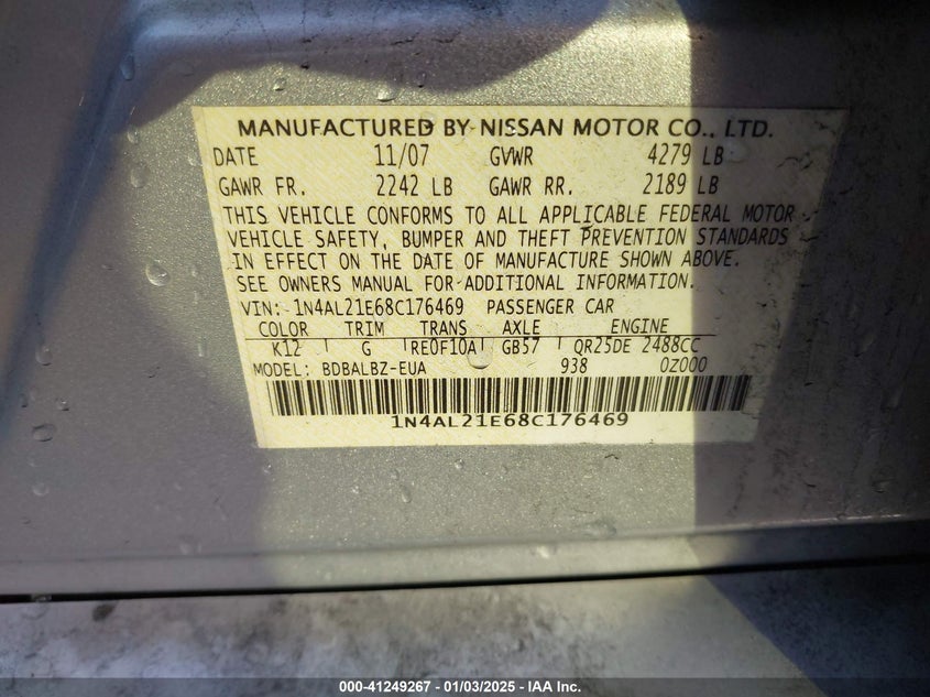 2008 NISSAN ALTIMA VIN: 1N4AL21E68C176469