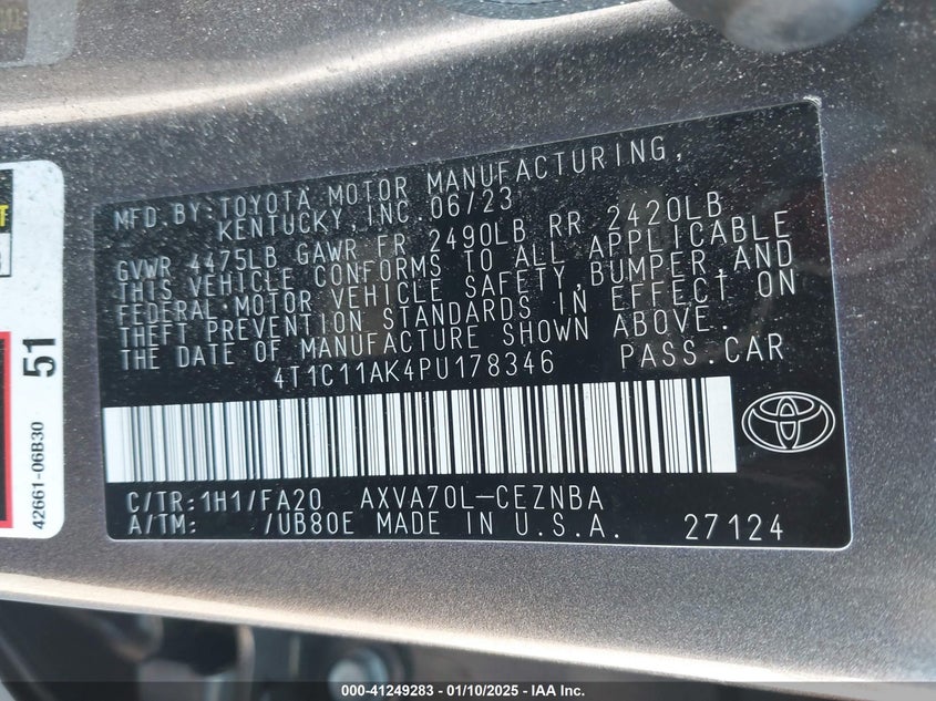 2023 TOYOTA CAMRY VIN: 4T1C11AK4PU178346
