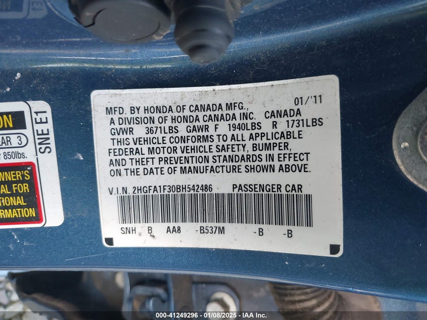2011 HONDA CIVIC VIN: 2HGFA1F30BH542486