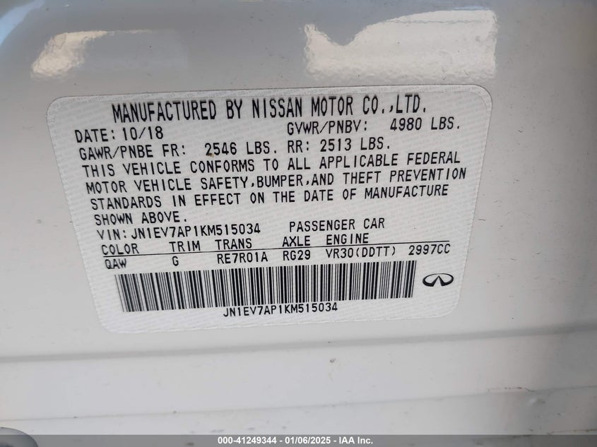 2019 INFINITI Q50 VIN: JN1EV7AP1KM515034