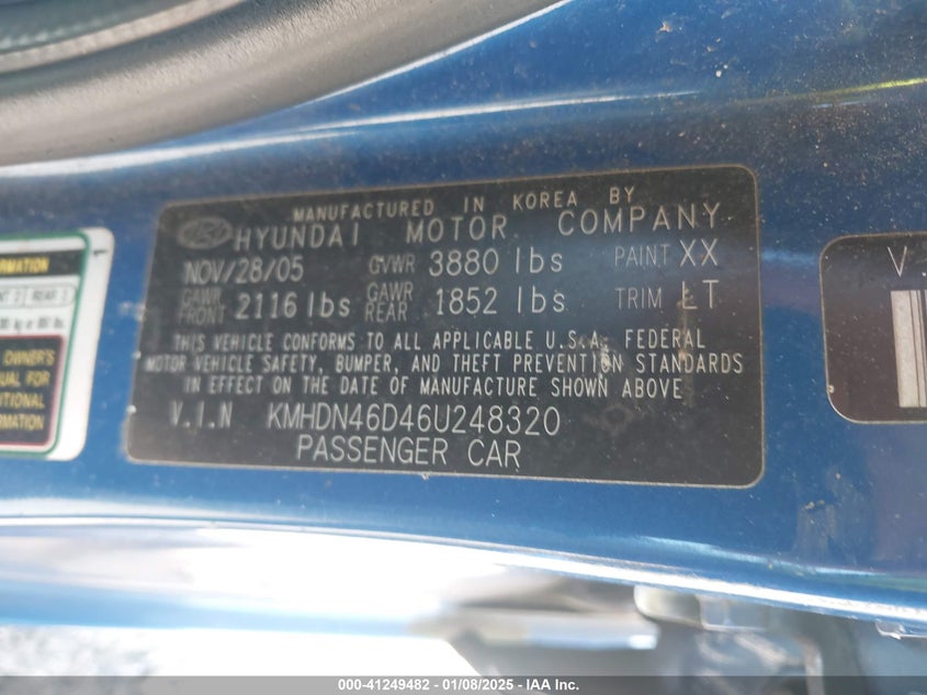 2006 HYUNDAI ELANTRA VIN: KMHDN46D46U248320
