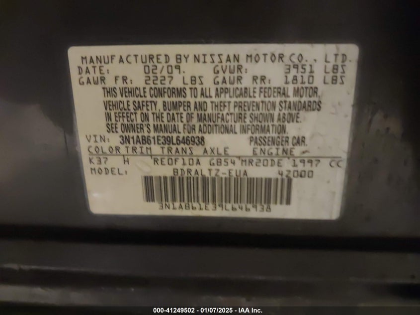 2009 NISSAN SENTRA VIN: 3N1AB61E39L646938