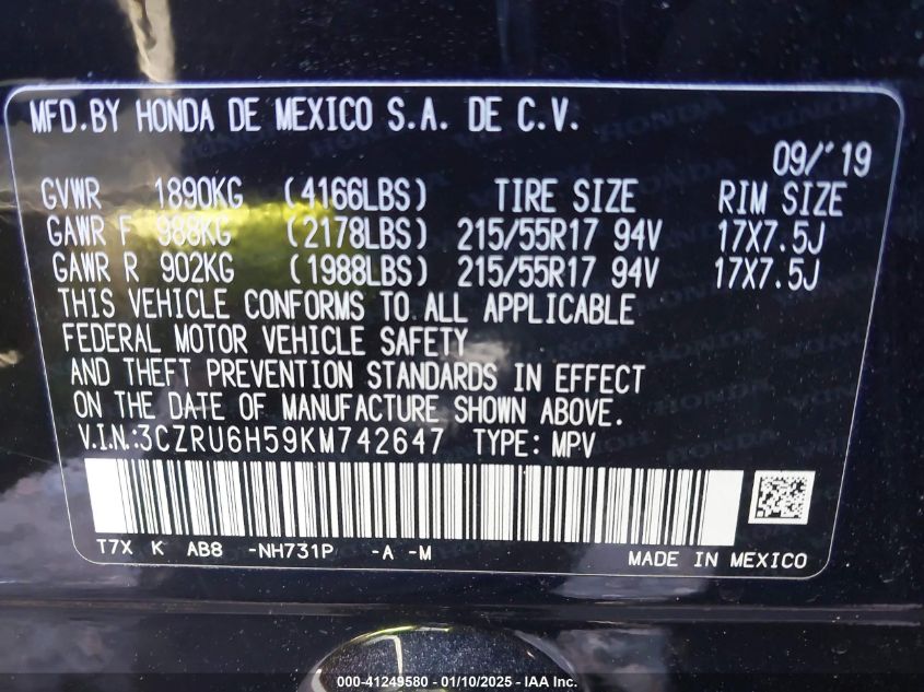 VIN 3CZRU6H59KM742647 2019 Honda HR-V, EX no.9