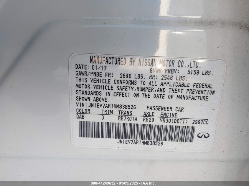 2017 Infiniti Q50 3.0T Signature Edition VIN: JN1EV7AR1HM838526 Lot: 41249632