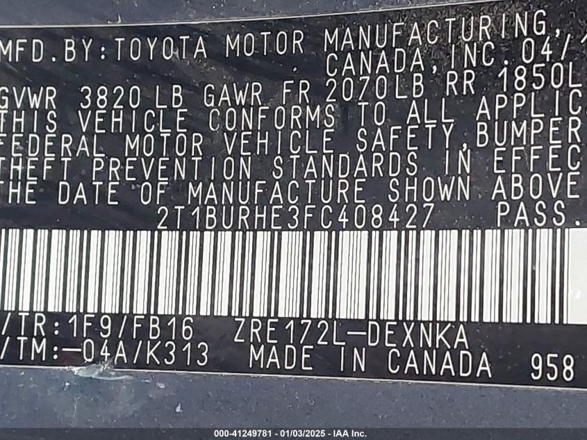 VIN 2T1BURHE3FC408427 2015 Toyota Corolla, LE no.9