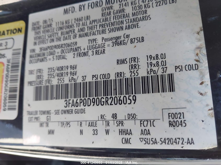 2016 FORD FUSION VIN: 3FA6P0D90GR206059